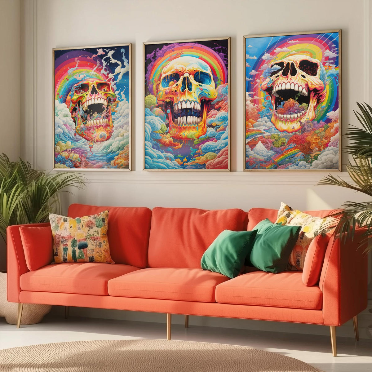 Rainbow Skulls Set of Three Art Prints - Psychedelic Skulls in Swirling Clouds - Vivid Gothic Poster Illustration
