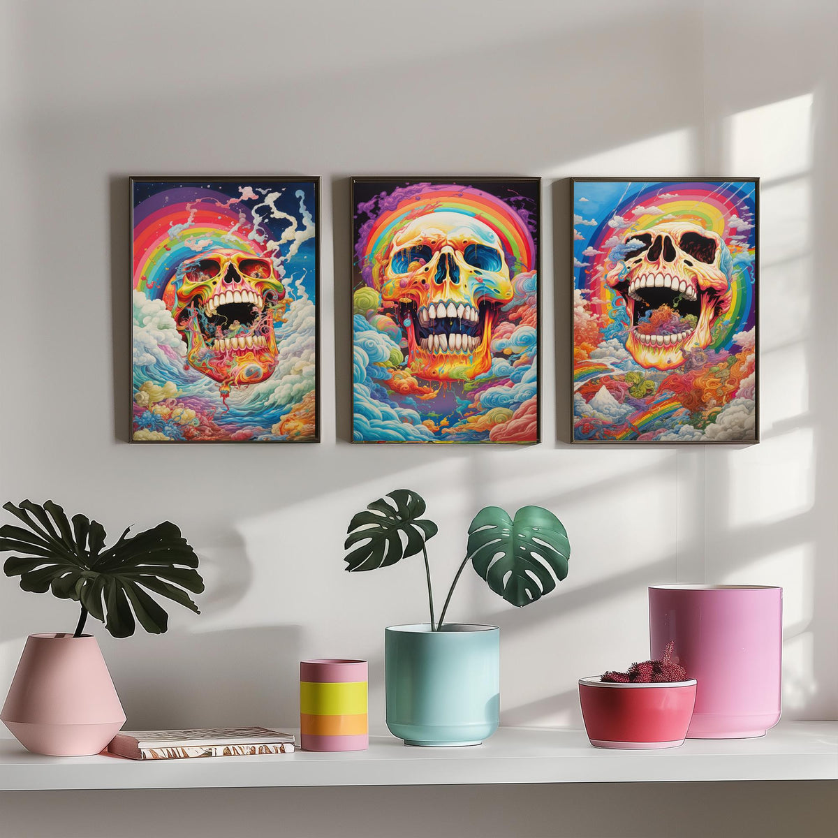 Rainbow Skulls Set of Three Art Prints - Psychedelic Skulls in Swirling Clouds - Vivid Gothic Poster Illustration