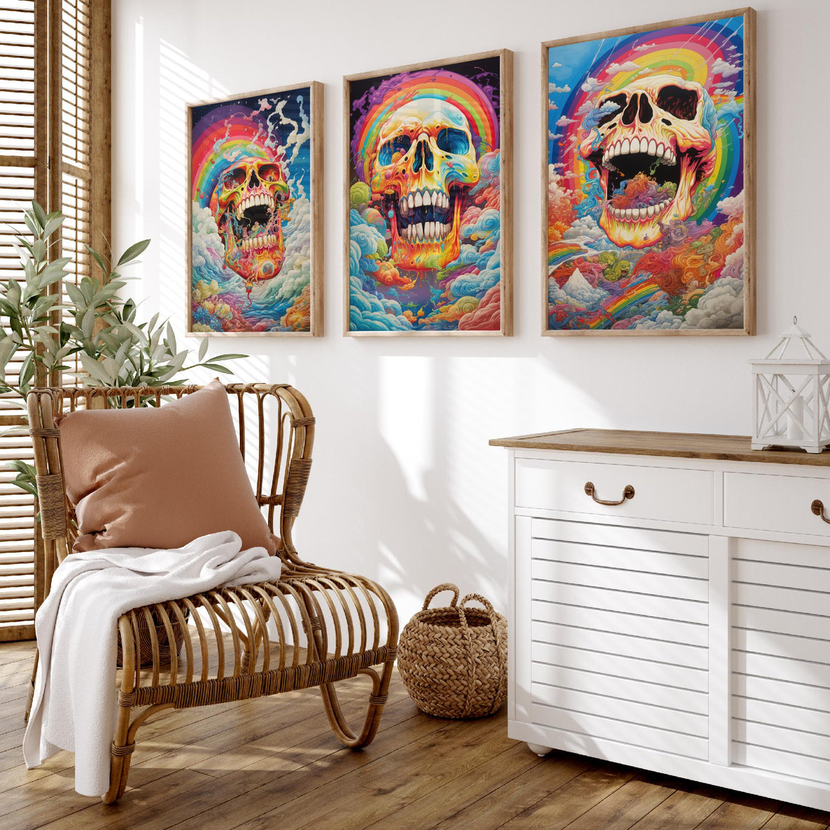 Rainbow Skulls Set of Three Art Prints - Psychedelic Skulls in Swirling Clouds - Vivid Gothic Poster Illustration