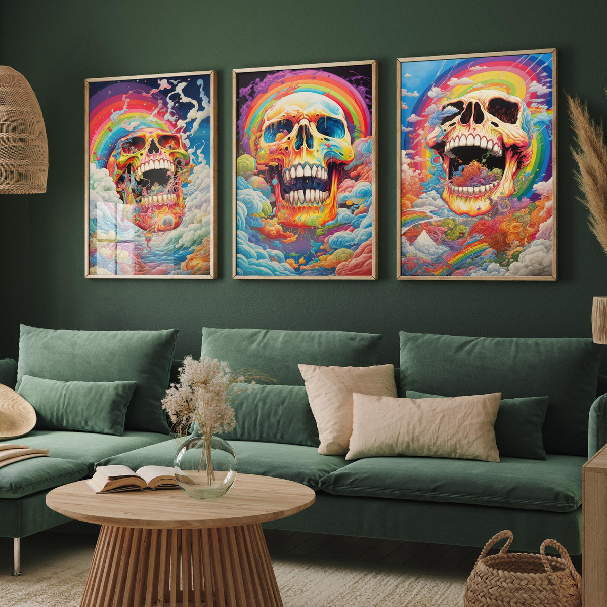 Rainbow Skulls Set of Three Art Prints - Psychedelic Skulls in Swirling Clouds - Vivid Gothic Poster Illustration