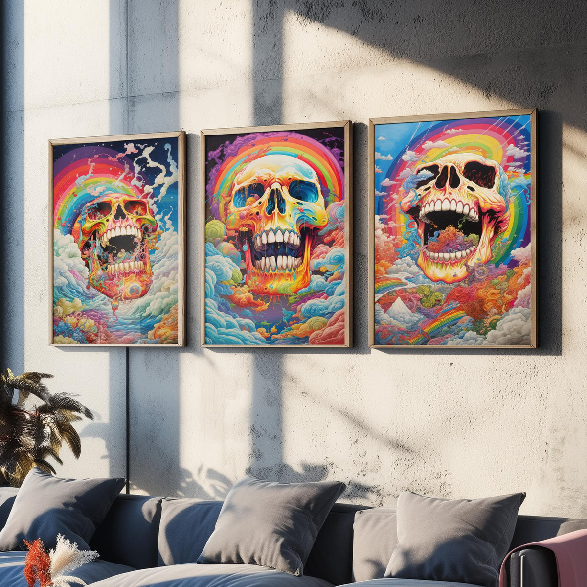 Rainbow Skulls Set of Three Art Prints - Psychedelic Skulls in Swirling Clouds - Vivid Gothic Poster Illustration