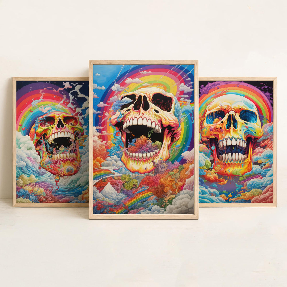 Rainbow Skulls Set of Three Art Prints - Psychedelic Skulls in Swirling Clouds - Vivid Gothic Poster Illustration