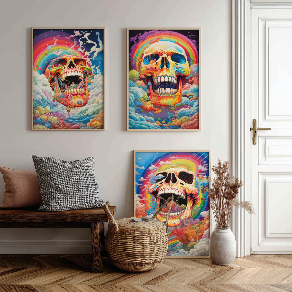 Rainbow Skulls Set of Three Art Prints - Psychedelic Skulls in Swirling Clouds - Vivid Gothic Poster Illustration