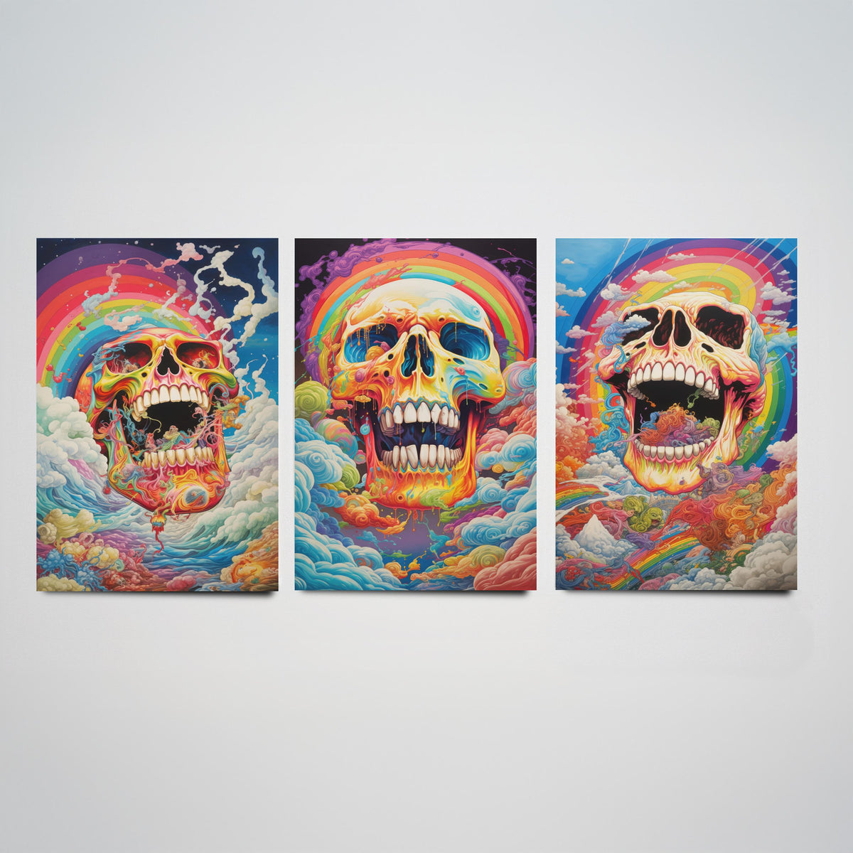 Rainbow Skulls Set of Three Art Prints - Psychedelic Skulls in Swirling Clouds - Vivid Gothic Poster Illustration