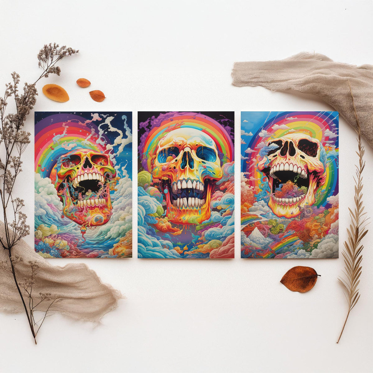 Rainbow Skulls Set of Three Art Prints - Psychedelic Skulls in Swirling Clouds - Vivid Gothic Poster Illustration