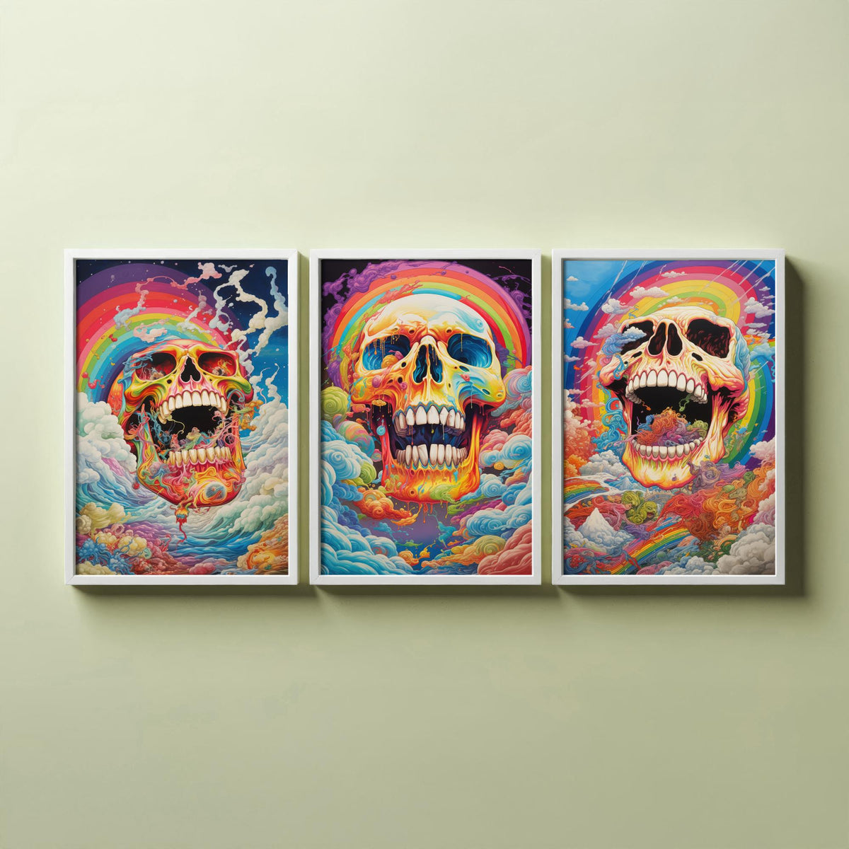 Rainbow Skulls Set of Three Art Prints - Psychedelic Skulls in Swirling Clouds - Vivid Gothic Poster Illustration