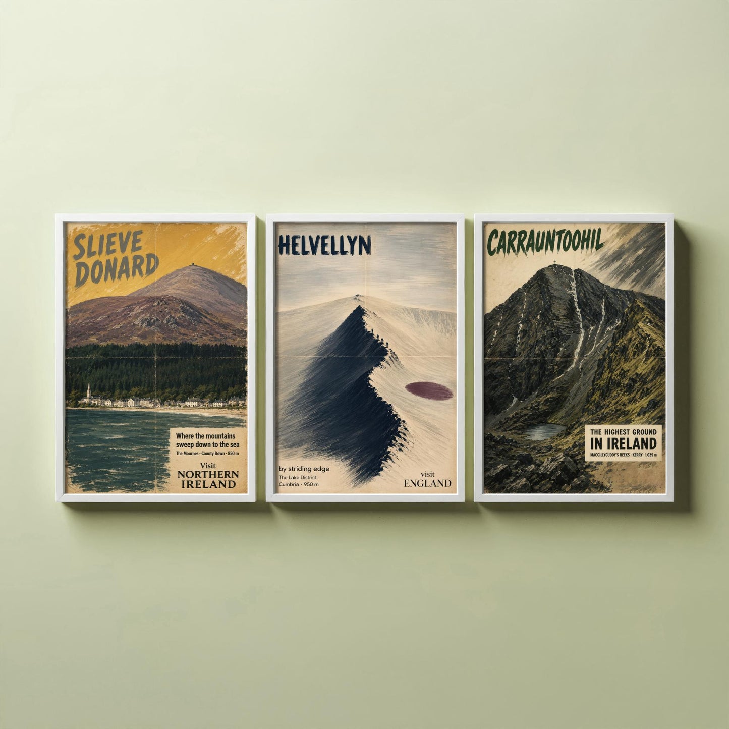 Slieve Donard, Helvellyn, Carrauntoohil Set of Three Art Prints - Vintage Travel Posters - Irish and Lake District Peaks Painting V1