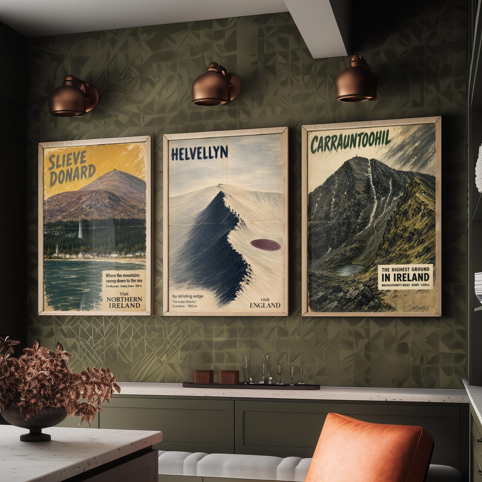 Slieve Donard, Helvellyn, Carrauntoohil Set of Three Art Prints - Vintage Travel Posters - Irish and Lake District Peaks Painting V1