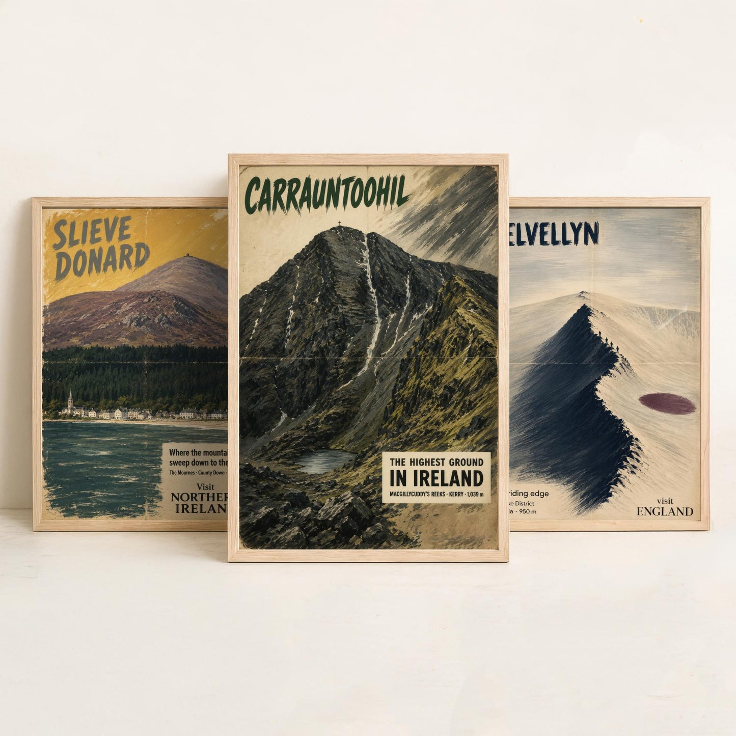 Slieve Donard, Helvellyn, Carrauntoohil Set of Three Art Prints - Vintage Travel Posters - Irish and Lake District Peaks Painting V1