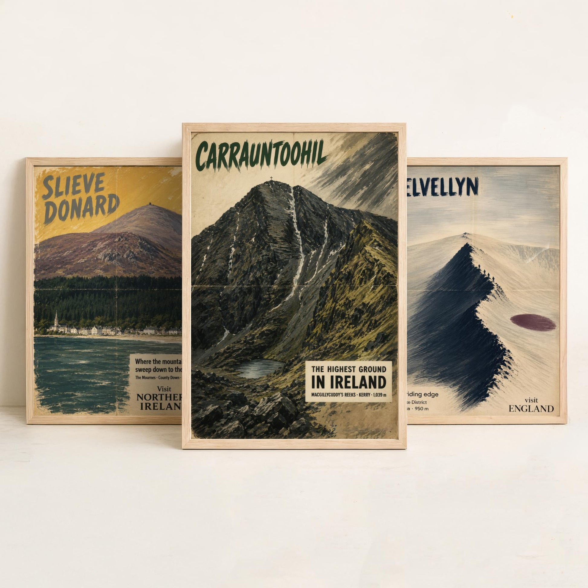 Slieve Donard, Helvellyn, Carrauntoohil Set of Three Art Prints - Vintage Travel Posters - Irish and Lake District Peaks Painting V1