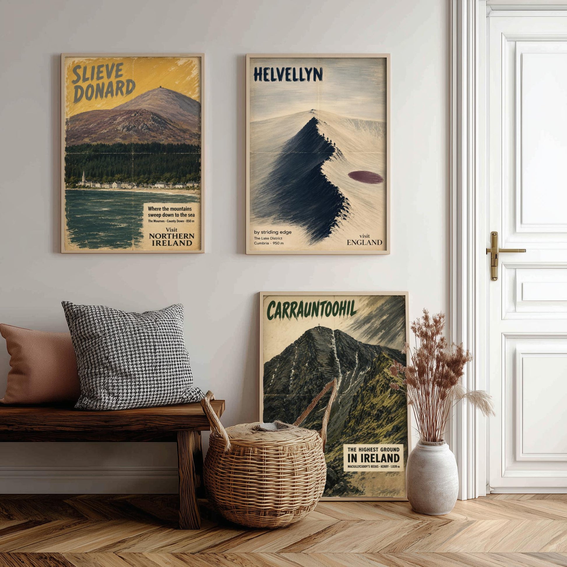 Slieve Donard, Helvellyn, Carrauntoohil Set of Three Art Prints - Vintage Travel Posters - Irish and Lake District Peaks Painting V1