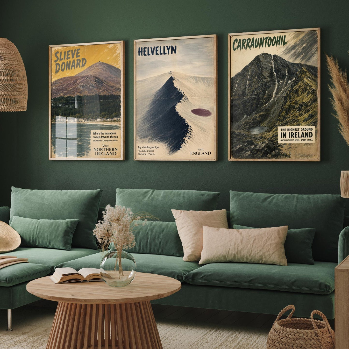 Slieve Donard, Helvellyn, Carrauntoohil Set of Three Art Prints - Vintage Travel Posters - Irish and Lake District Peaks Painting V1