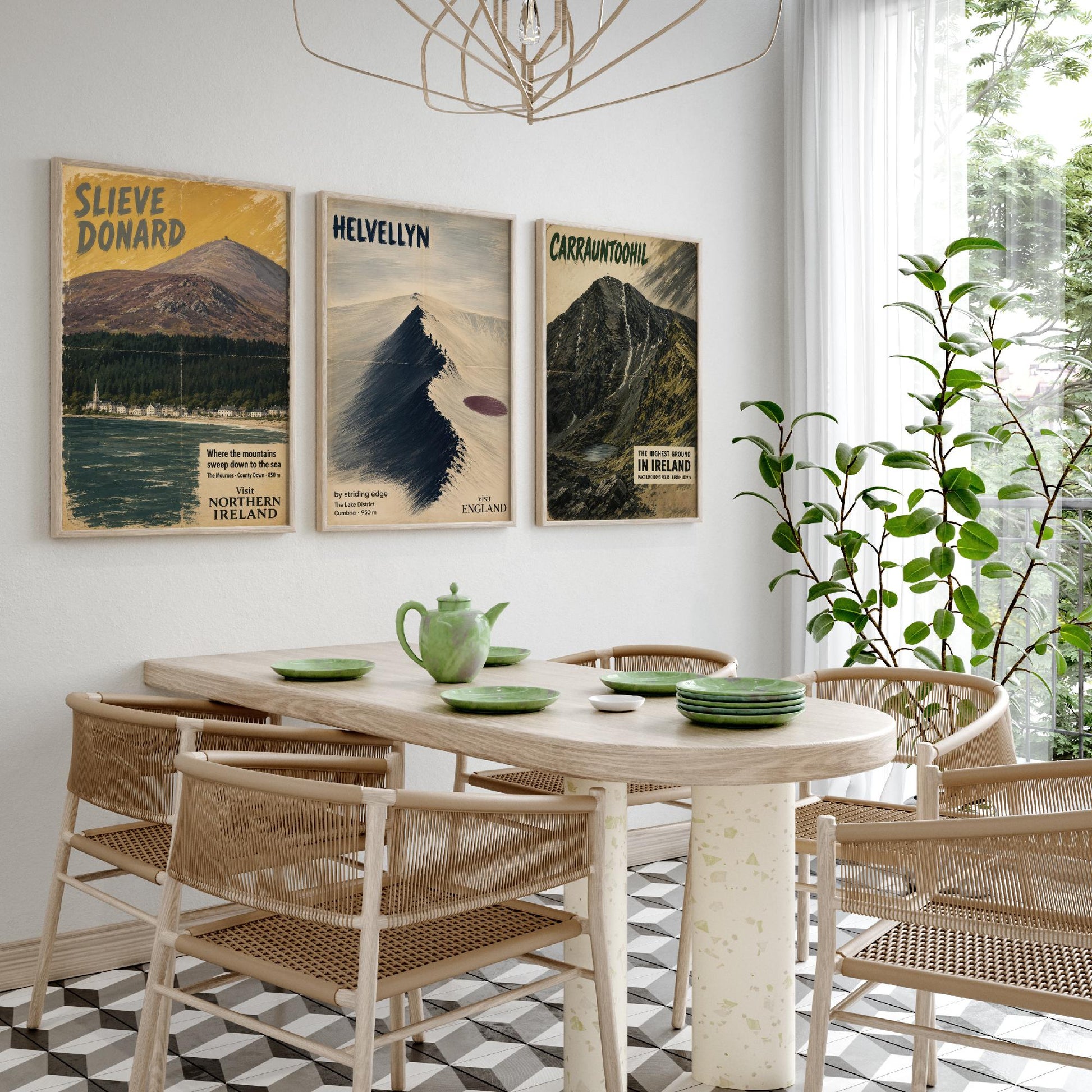 Slieve Donard, Helvellyn, Carrauntoohil Set of Three Art Prints - Vintage Travel Posters - Irish and Lake District Peaks Painting V1
