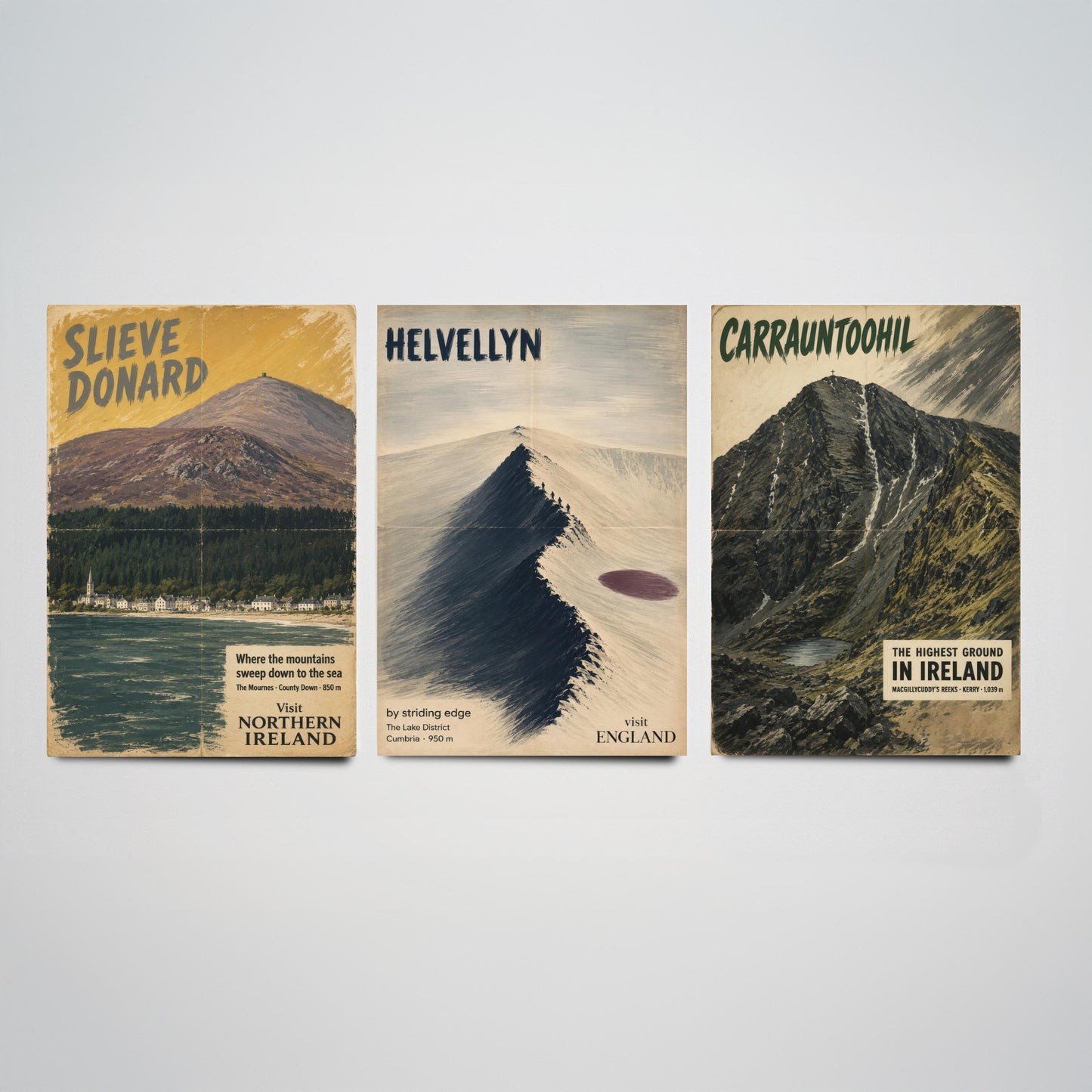 Slieve Donard, Helvellyn, Carrauntoohil Set of Three Art Prints - Vintage Travel Posters - Irish and Lake District Peaks Painting V1