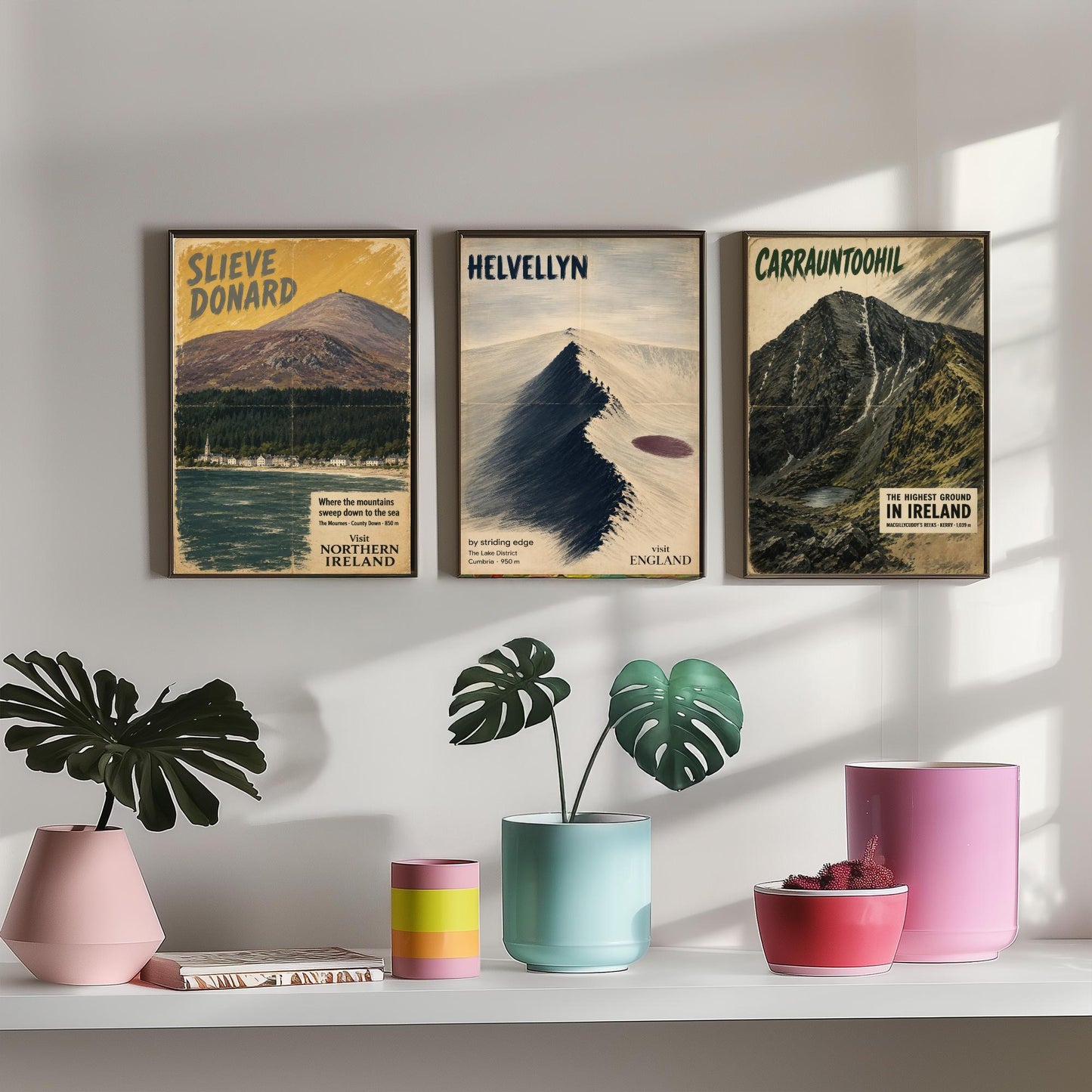 Slieve Donard, Helvellyn, Carrauntoohil Set of Three Art Prints - Vintage Travel Posters - Irish and Lake District Peaks Painting V1