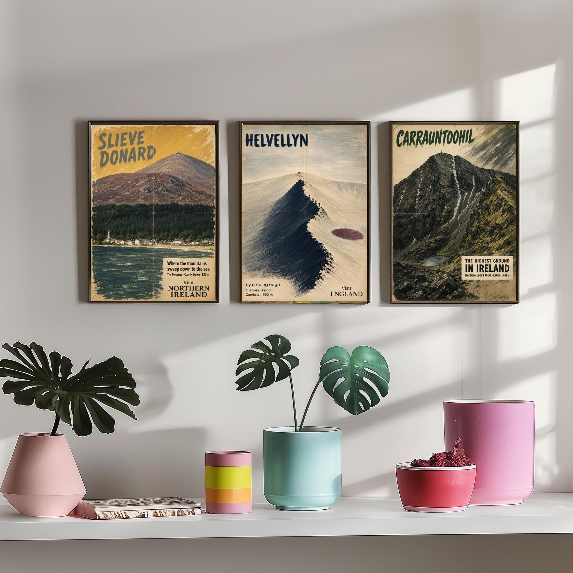 Slieve Donard, Helvellyn, Carrauntoohil Set of Three Art Prints - Vintage Travel Posters - Irish and Lake District Peaks Painting V1