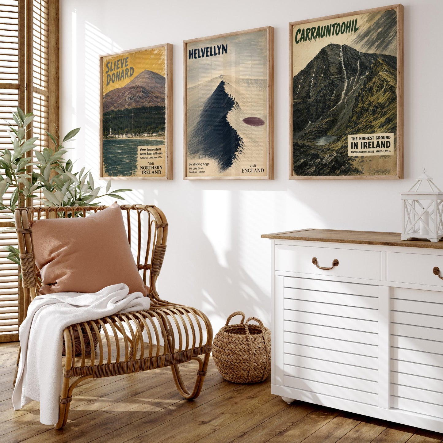 Slieve Donard, Helvellyn, Carrauntoohil Set of Three Art Prints - Vintage Travel Posters - Irish and Lake District Peaks Painting V1