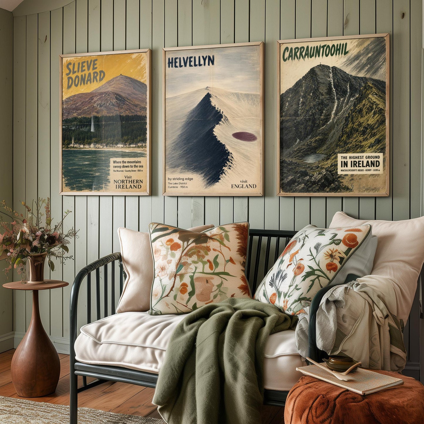 Slieve Donard, Helvellyn, Carrauntoohil Set of Three Art Prints - Vintage Travel Posters - Irish and Lake District Peaks Painting V1