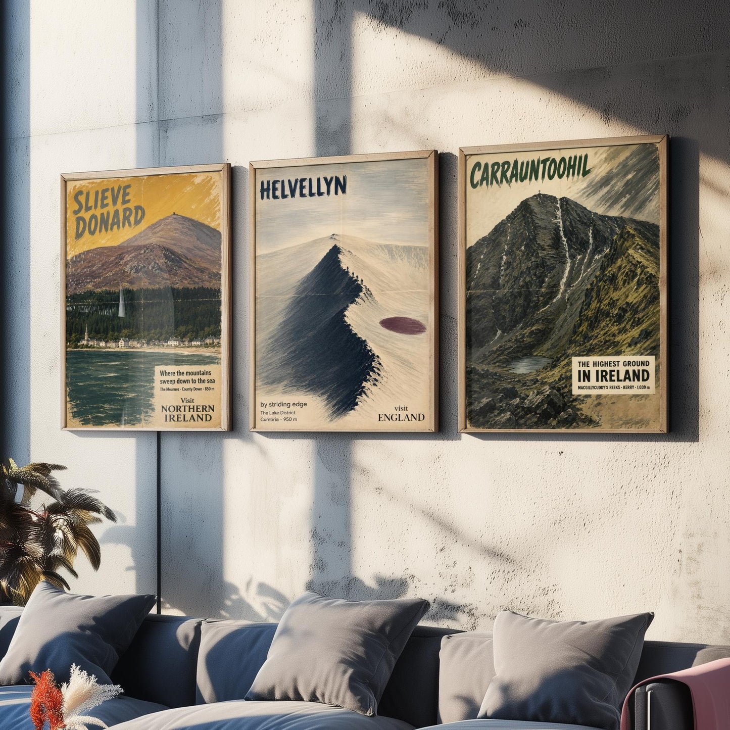Slieve Donard, Helvellyn, Carrauntoohil Set of Three Art Prints - Vintage Travel Posters - Irish and Lake District Peaks Painting V1