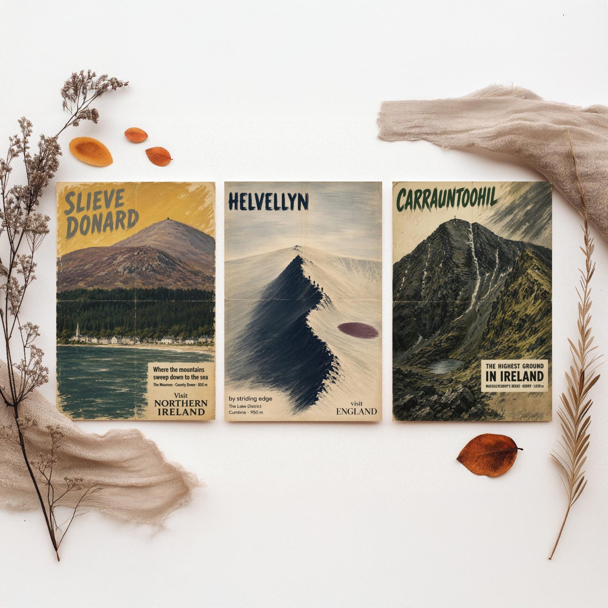 Slieve Donard, Helvellyn, Carrauntoohil Set of Three Art Prints - Vintage Travel Posters - Irish and Lake District Peaks Painting V1