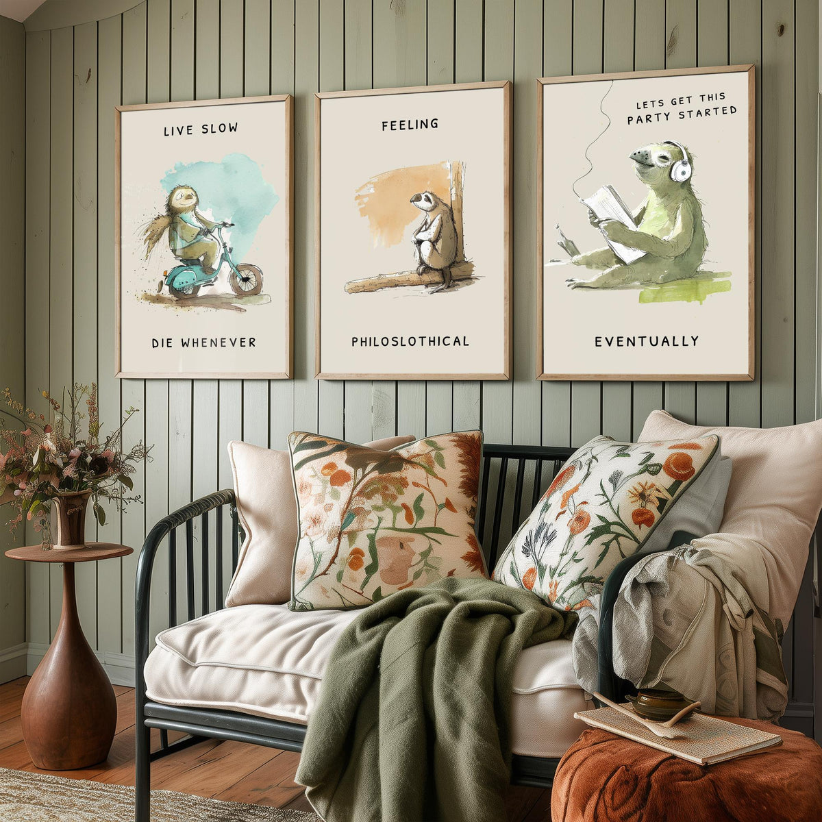 Funny Sloth Jokes Set of Three Art Prints - Live Slow Die Whenever, Philoslothical, Eventually - Watercolour Painting Poster