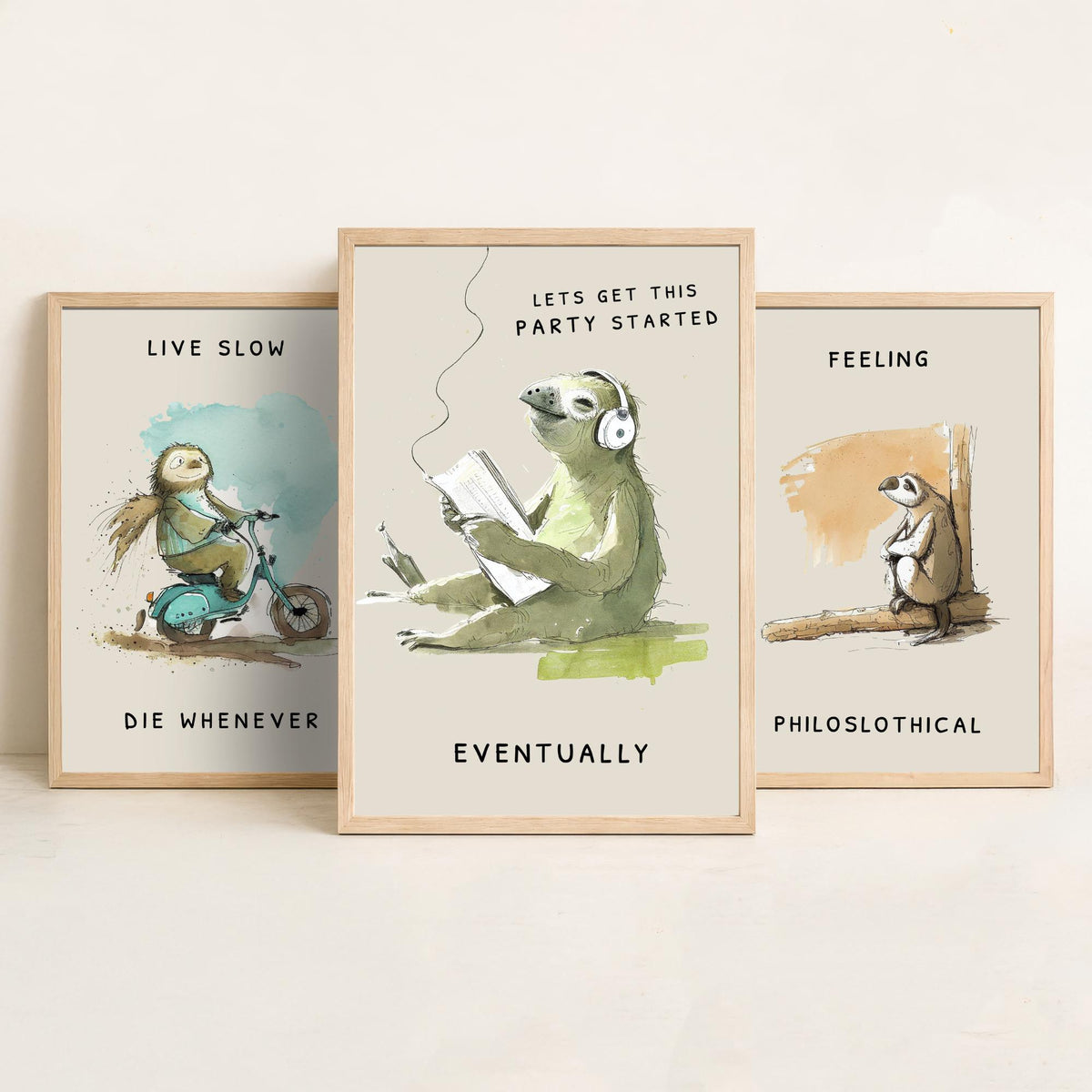 Funny Sloth Jokes Set of Three Art Prints - Live Slow Die Whenever, Philoslothical, Eventually - Watercolour Painting Poster