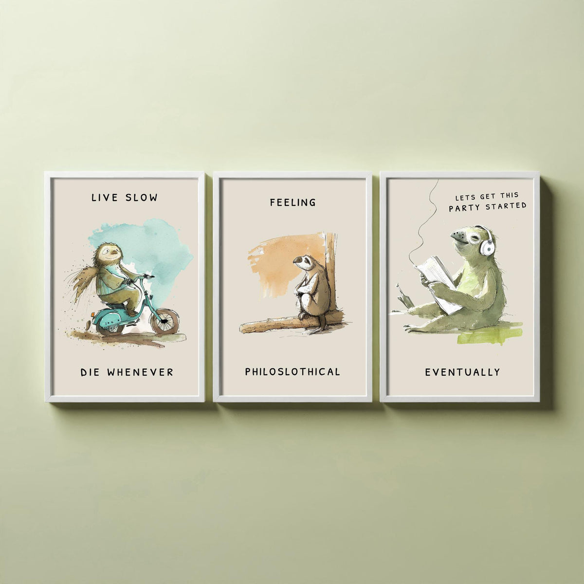 Funny Sloth Jokes Set of Three Art Prints - Live Slow Die Whenever, Philoslothical, Eventually - Watercolour Painting Poster