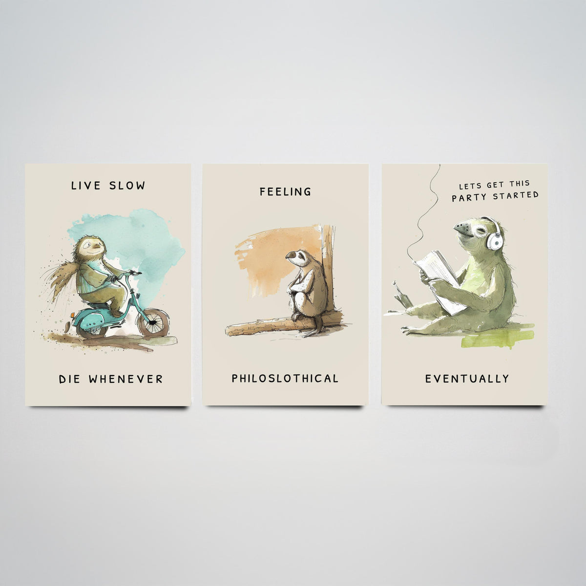 Funny Sloth Jokes Set of Three Art Prints - Live Slow Die Whenever, Philoslothical, Eventually - Watercolour Painting Poster