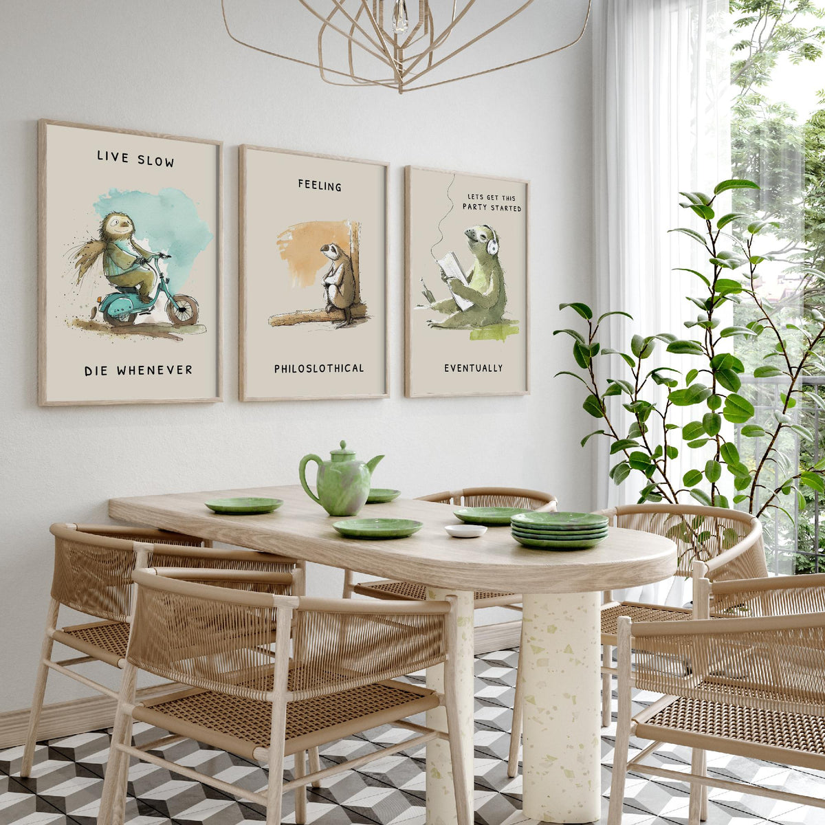 Funny Sloth Jokes Set of Three Art Prints - Live Slow Die Whenever, Philoslothical, Eventually - Watercolour Painting Poster