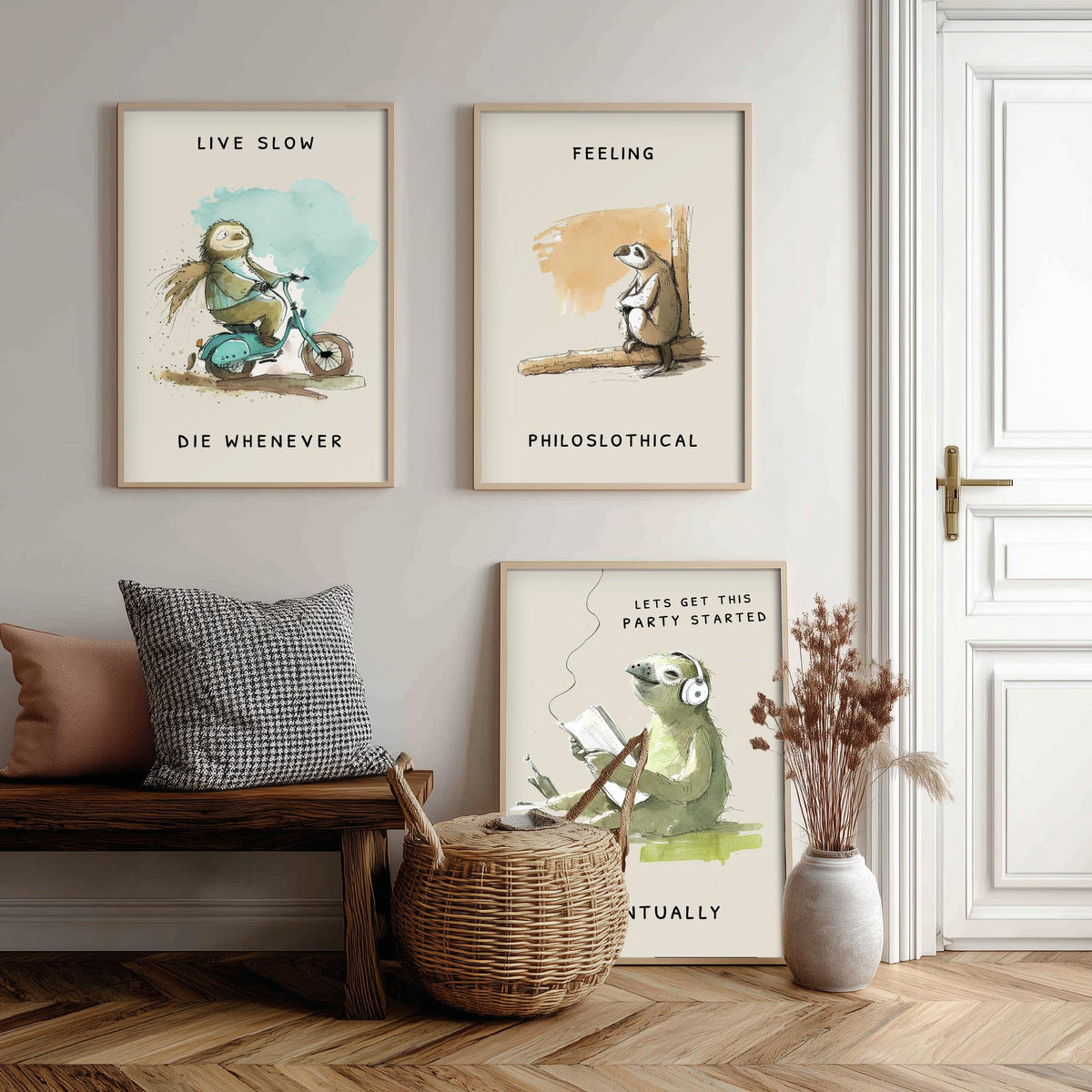 Funny Sloth Jokes Set of Three Art Prints - Live Slow Die Whenever, Philoslothical, Eventually - Watercolour Painting Poster