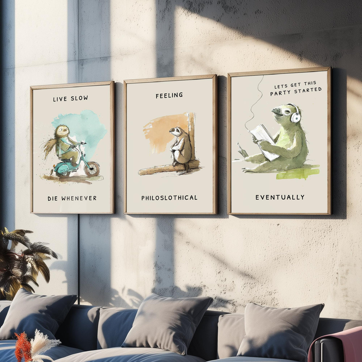 Funny Sloth Jokes Set of Three Art Prints - Live Slow Die Whenever, Philoslothical, Eventually - Watercolour Painting Poster