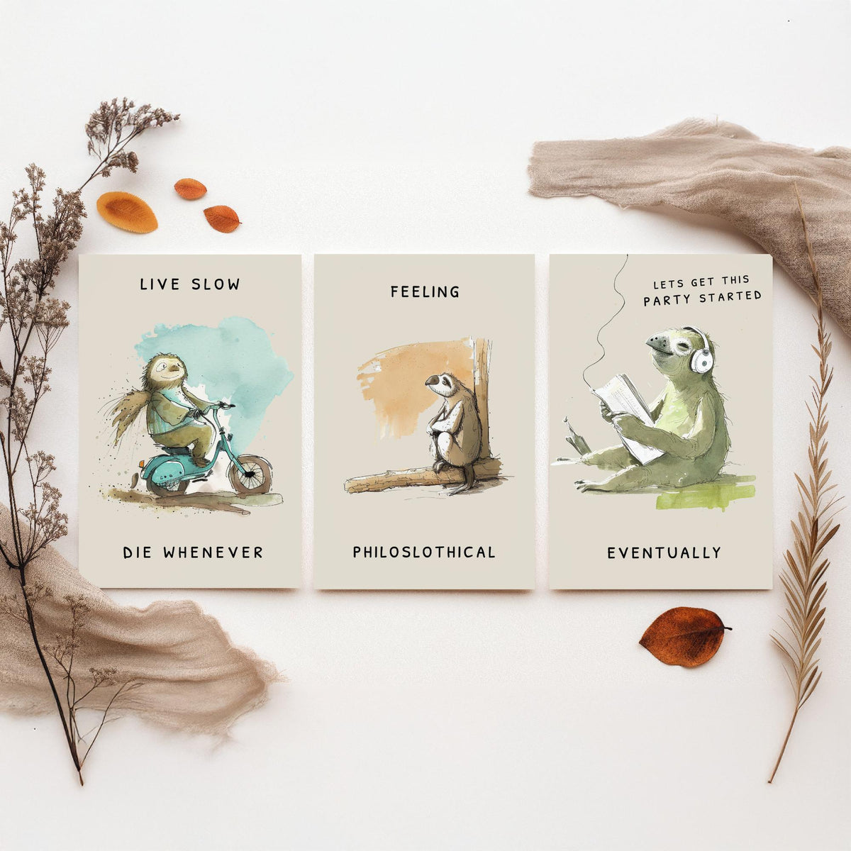 Funny Sloth Jokes Set of Three Art Prints - Live Slow Die Whenever, Philoslothical, Eventually - Watercolour Painting Poster