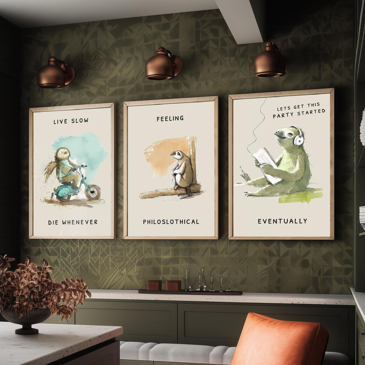 Funny Sloth Jokes Set of Three Art Prints - Live Slow Die Whenever, Philoslothical, Eventually - Watercolour Painting Poster