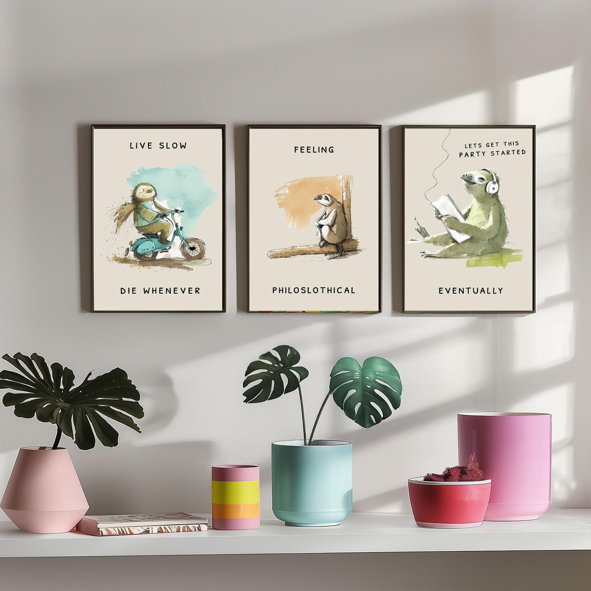 Funny Sloth Jokes Set of Three Art Prints - Live Slow Die Whenever, Philoslothical, Eventually - Watercolour Painting Poster