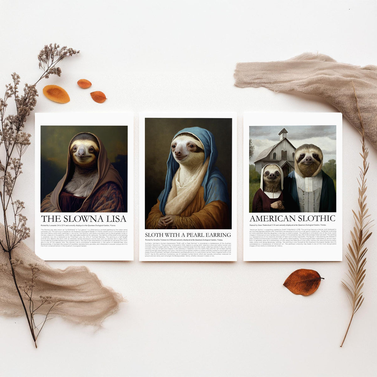 Sloth Masterpiece Parodies Set of Three Art Prints - Slowna Lisa, Pearl Earring, American Slothic - Funny Illustration Poster