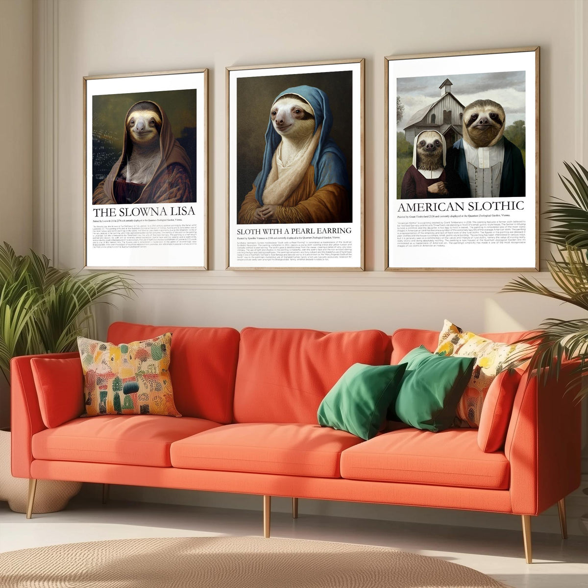 Sloth Masterpiece Parodies Set of Three Art Prints - Slowna Lisa, Pearl Earring, American Slothic - Funny Illustration Poster