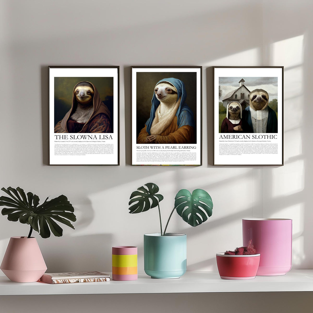 Sloth Masterpiece Parodies Set of Three Art Prints - Slowna Lisa, Pearl Earring, American Slothic - Funny Illustration Poster