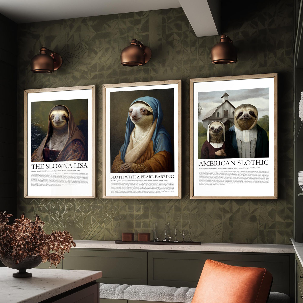 Sloth Masterpiece Parodies Set of Three Art Prints - Slowna Lisa, Pearl Earring, American Slothic - Funny Illustration Poster