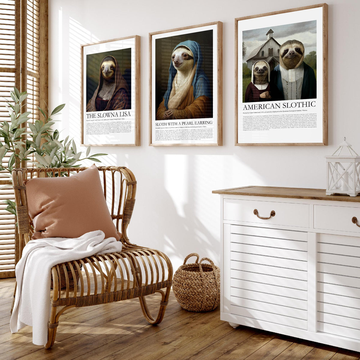 Sloth Masterpiece Parodies Set of Three Art Prints - Slowna Lisa, Pearl Earring, American Slothic - Funny Illustration Poster