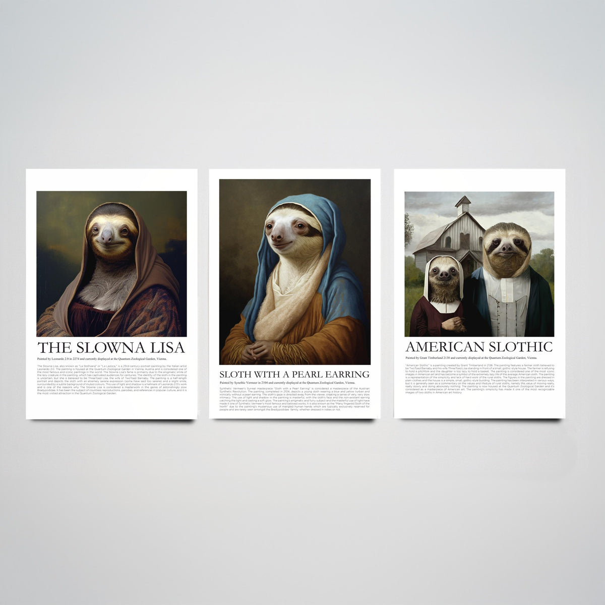 Sloth Masterpiece Parodies Set of Three Art Prints - Slowna Lisa, Pearl Earring, American Slothic - Funny Illustration Poster