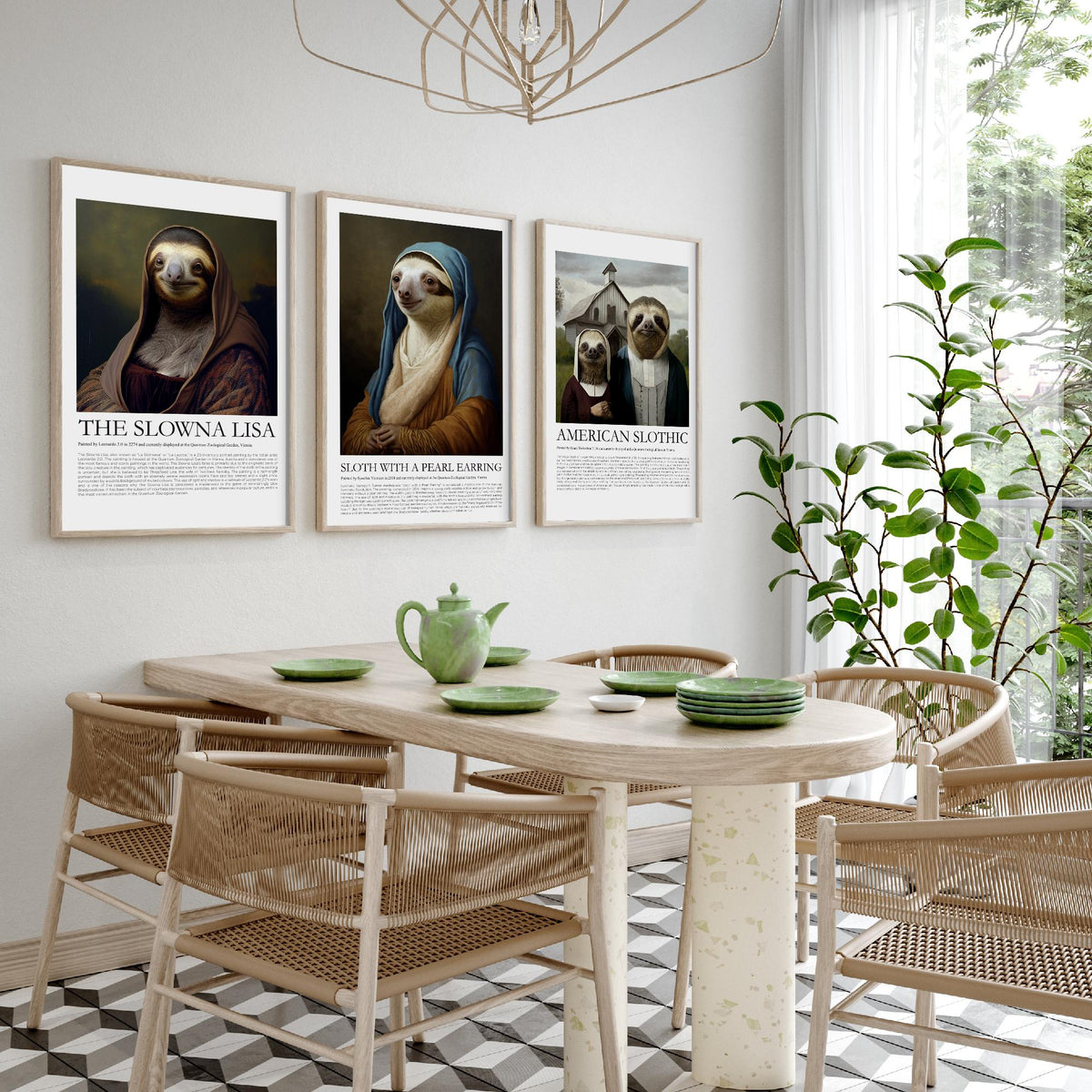 Sloth Masterpiece Parodies Set of Three Art Prints - Slowna Lisa, Pearl Earring, American Slothic - Funny Illustration Poster