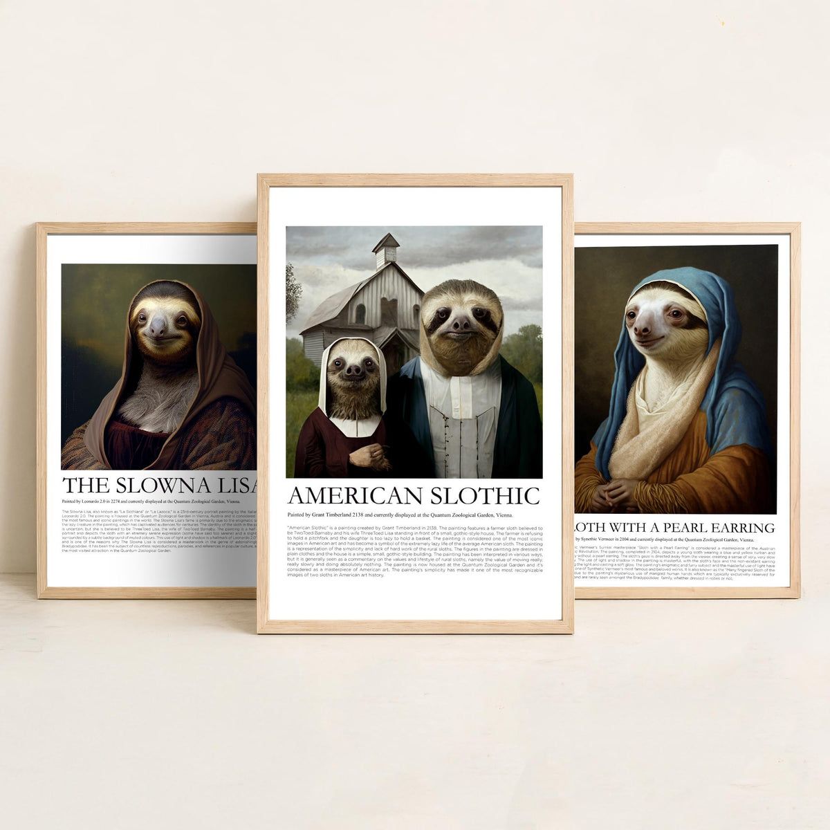 Sloth Masterpiece Parodies Set of Three Art Prints - Slowna Lisa, Pearl Earring, American Slothic - Funny Illustration Poster