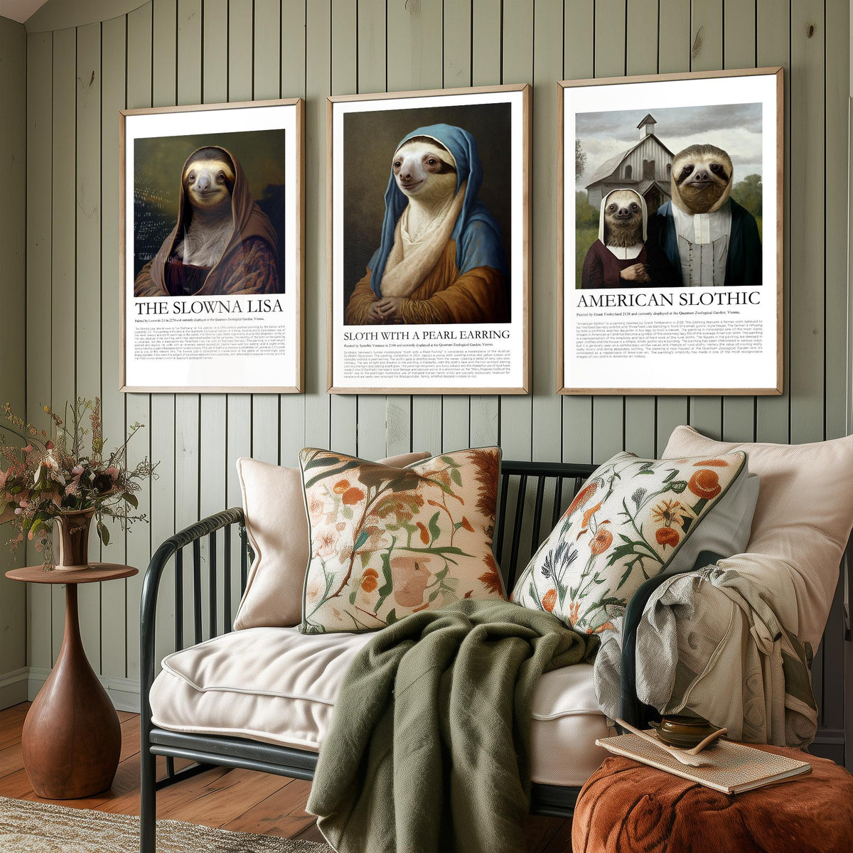 Sloth Masterpiece Parodies Set of Three Art Prints - Slowna Lisa, Pearl Earring, American Slothic - Funny Illustration Poster
