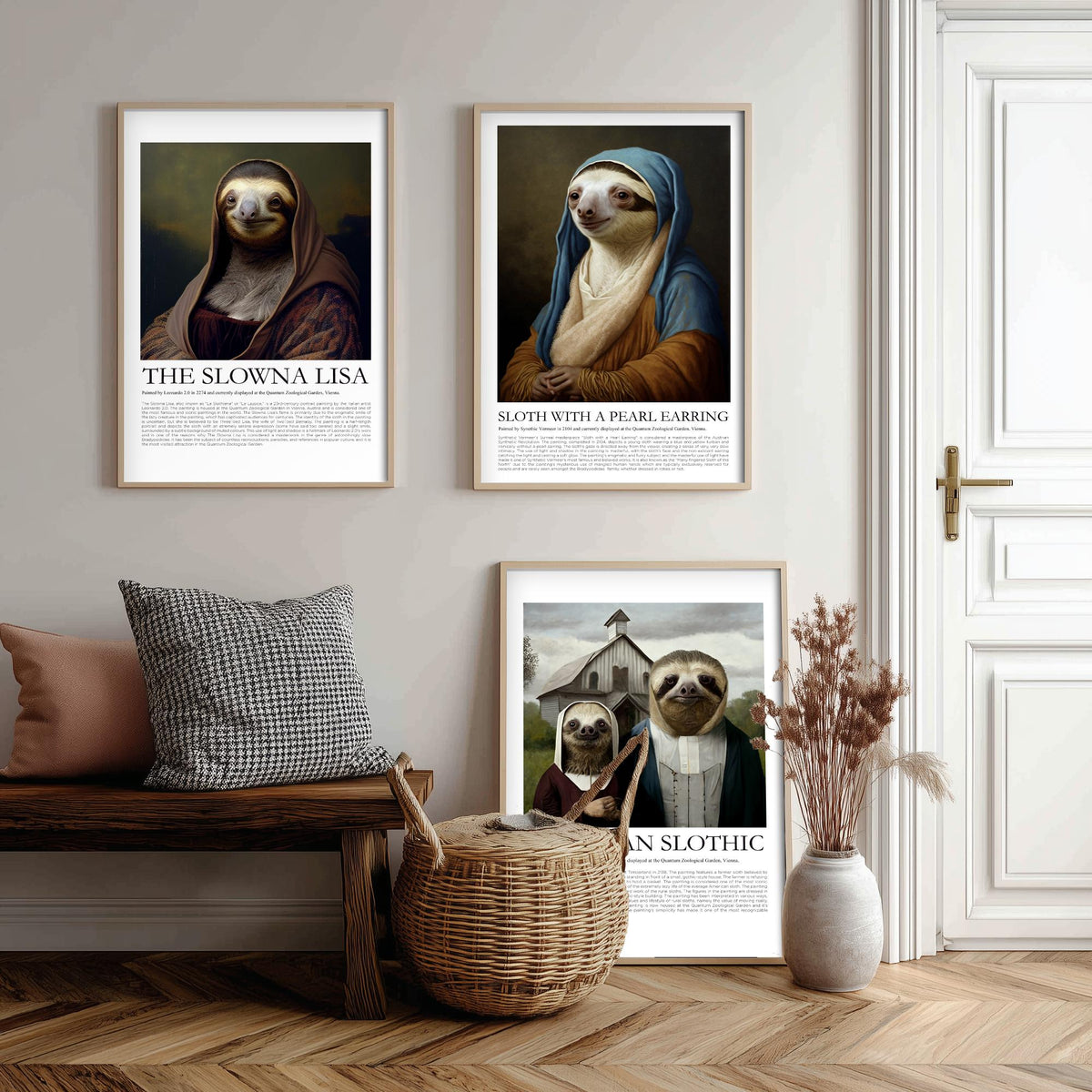 Sloth Masterpiece Parodies Set of Three Art Prints - Slowna Lisa, Pearl Earring, American Slothic - Funny Illustration Poster