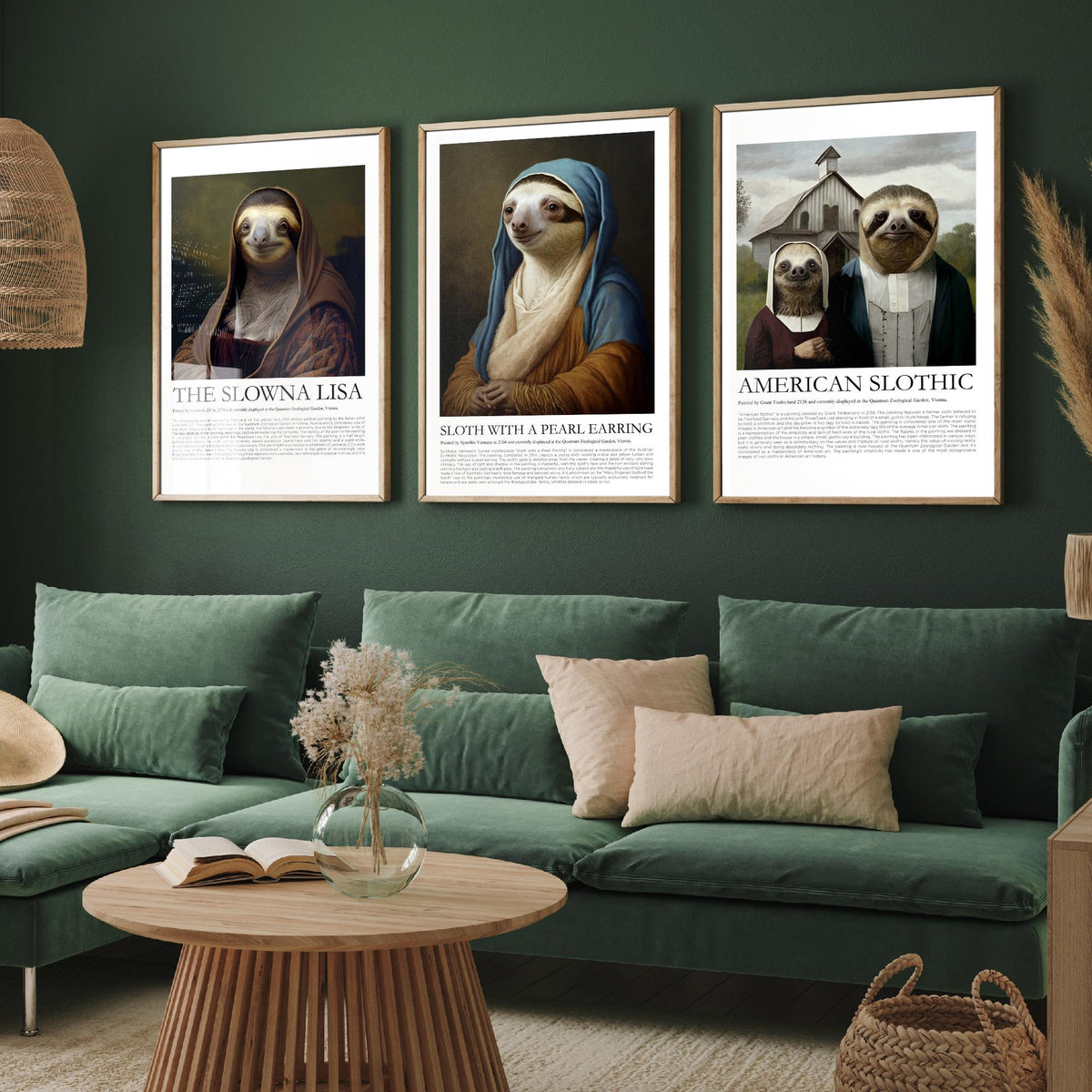 Sloth Masterpiece Parodies Set of Three Art Prints - Slowna Lisa, Pearl Earring, American Slothic - Funny Illustration Poster