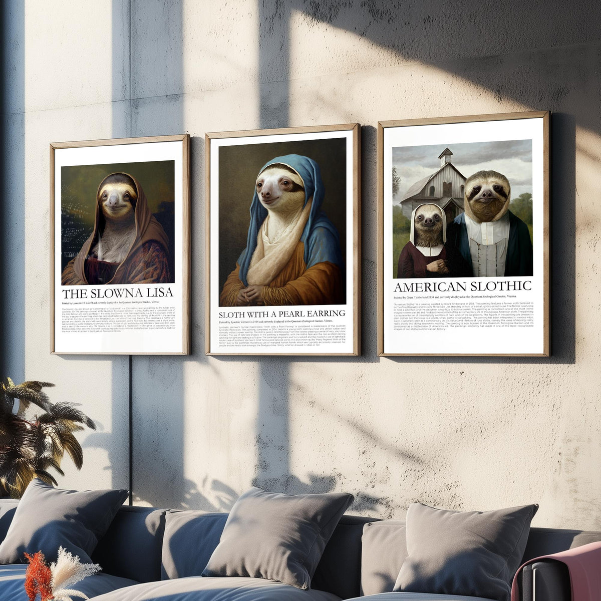 Sloth Masterpiece Parodies Set of Three Art Prints - Slowna Lisa, Pearl Earring, American Slothic - Funny Illustration Poster