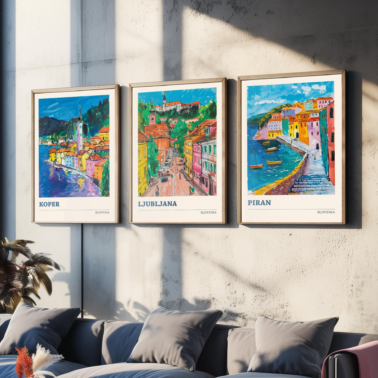 Slovenia Set of Three Art Prints - 3 Koper Ljubljana Piran Posters - Colourful Travel Illustration Wall Art Gift Map