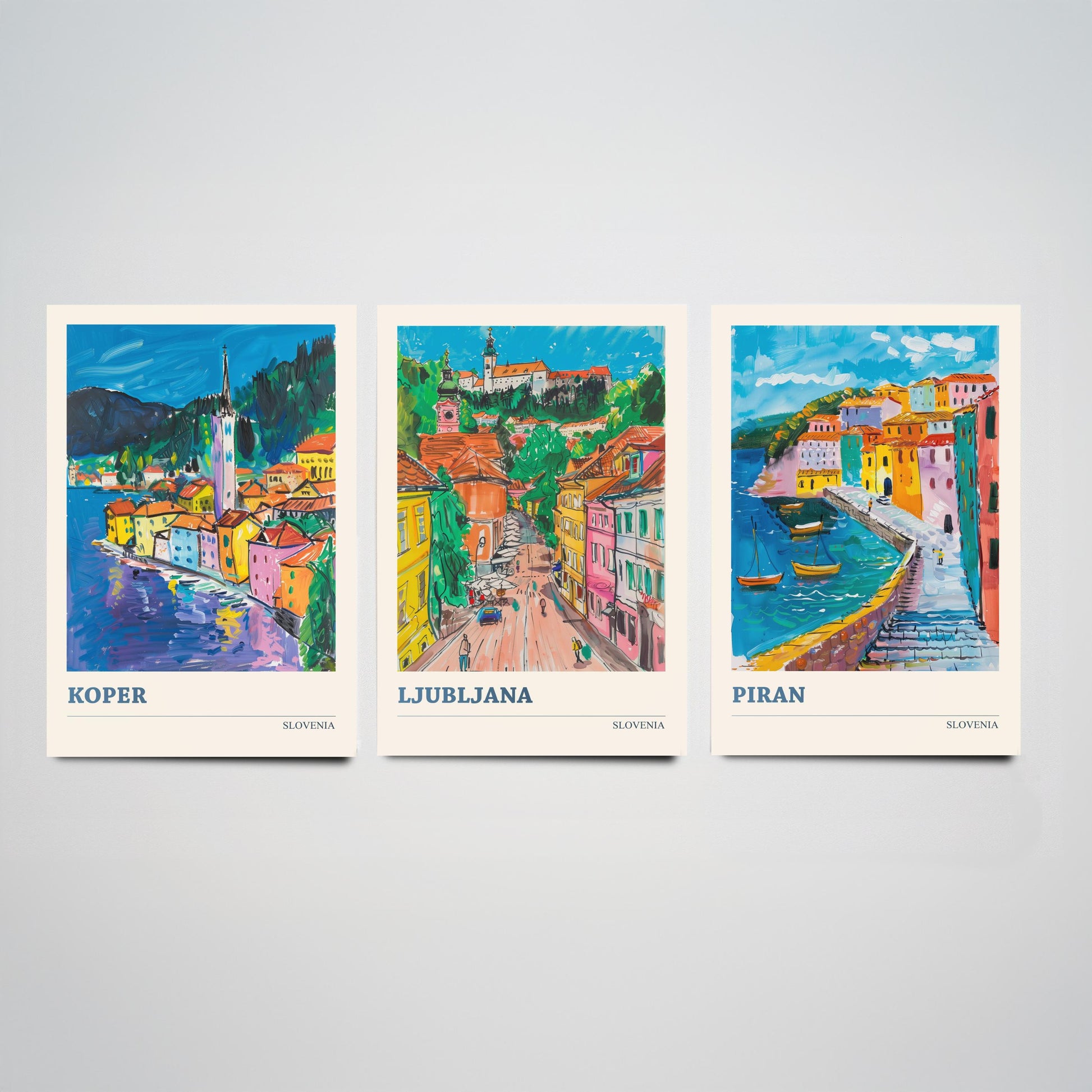 Slovenia Set of Three Art Prints - 3 Koper Ljubljana Piran Posters - Colourful Travel Illustration Wall Art Gift Map