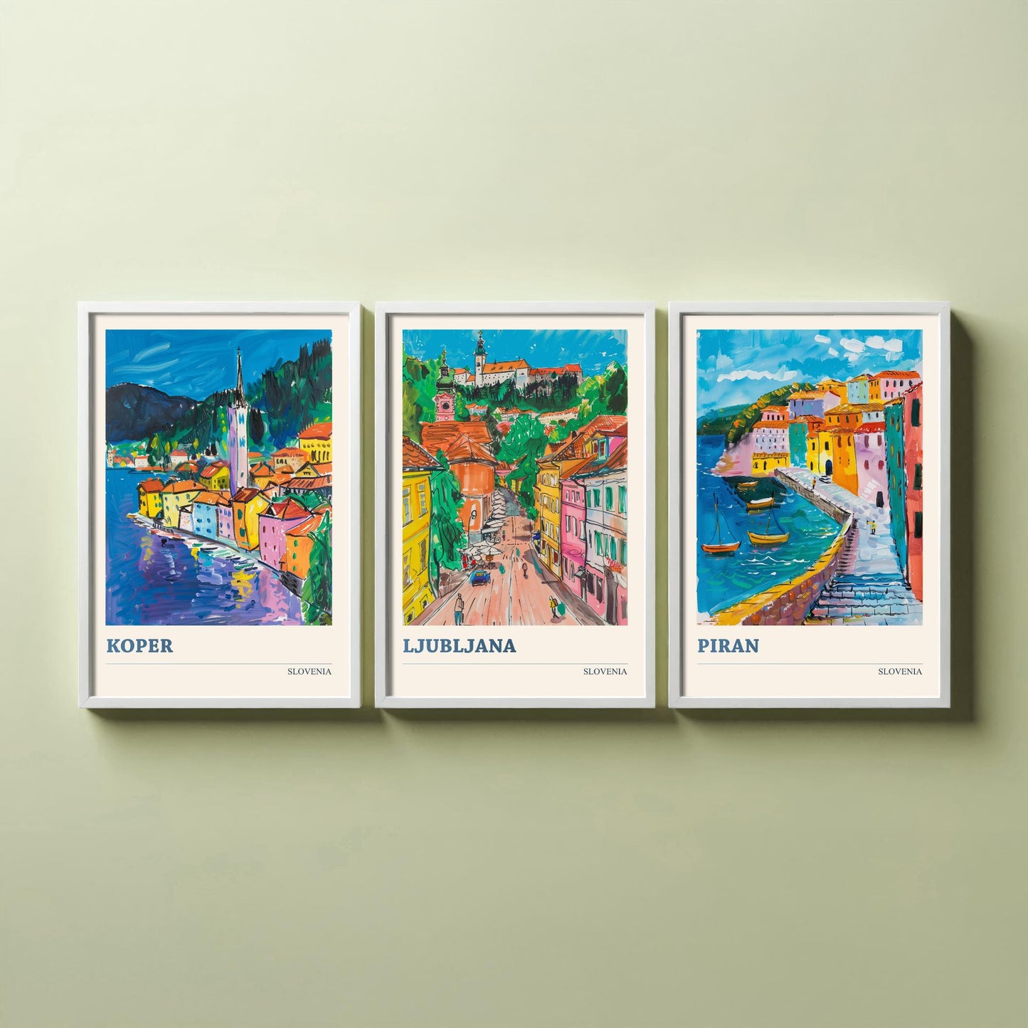 Slovenia Set of Three Art Prints - 3 Koper Ljubljana Piran Posters - Colourful Travel Illustration Wall Art Gift Map