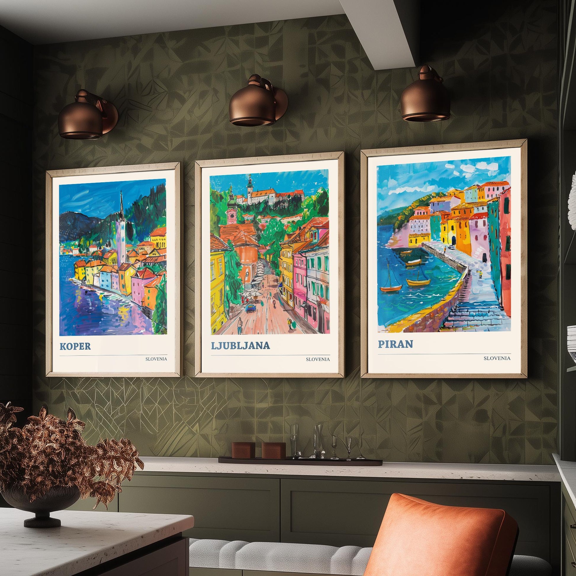 Slovenia Set of Three Art Prints - 3 Koper Ljubljana Piran Posters - Colourful Travel Illustration Wall Art Gift Map